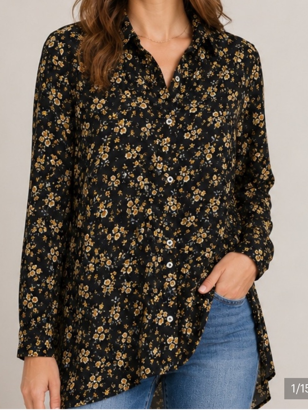 Umgee M Black Floral Button Front Layered Back Tunic Top Boho